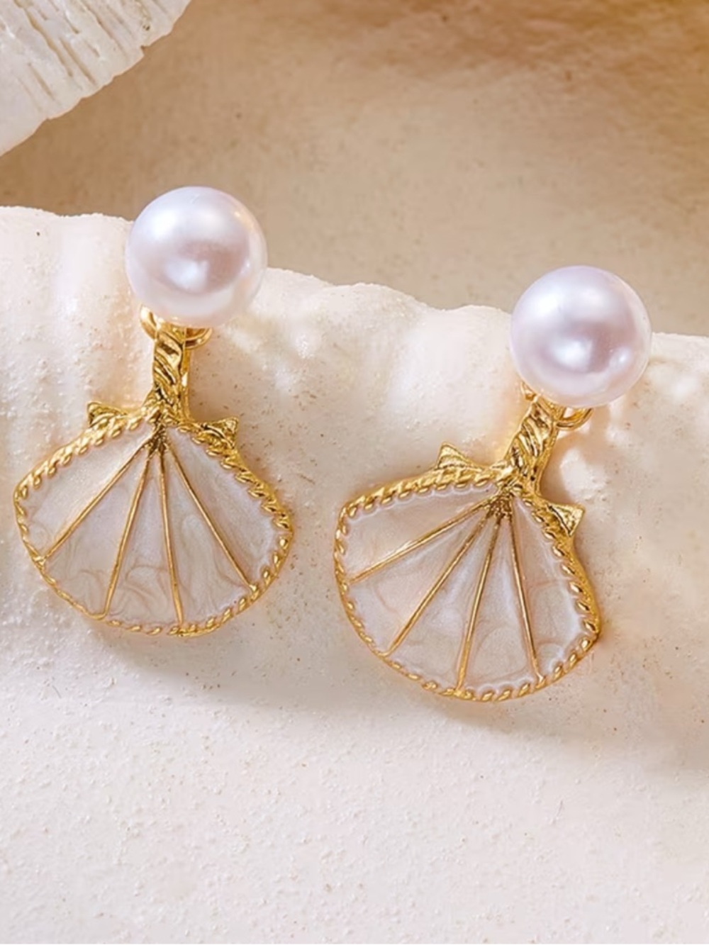 Gold-Trim Pearl & Shell Drop Earrings - White - Picture 2 of 3